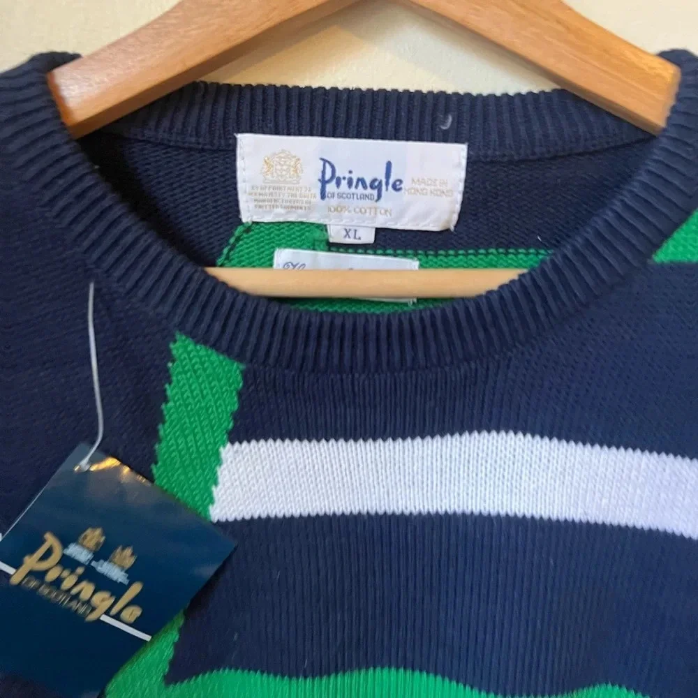 NWT Pringle Intarsia of Scotland Mens Sweater 100% Cotton Blue Geometric Pattern